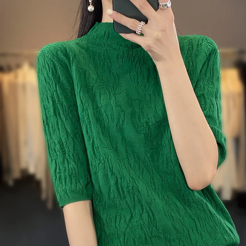 Spring and Summer2023 New Women\'s Half-high collar Short-Sleeved Exquisite Cashmere Sweater Pullover