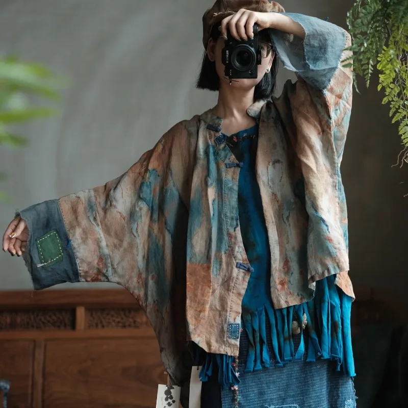

Women Loose Ramie Shirts Ladies Oversized Irregular Lady Blouses Printed Single Button Cardigans Outerwear Vintage New Design