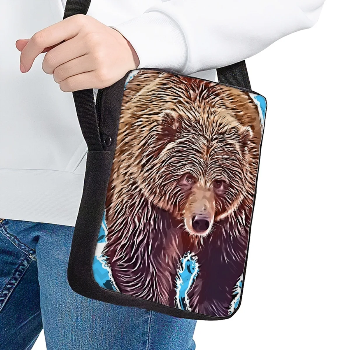 Borsa a tracolla con stampa di cartoni animati con orso violento per uomo donna borse per libri borsa a tracolla per donna borsa da pranzo per bambini diagonale selvaggia