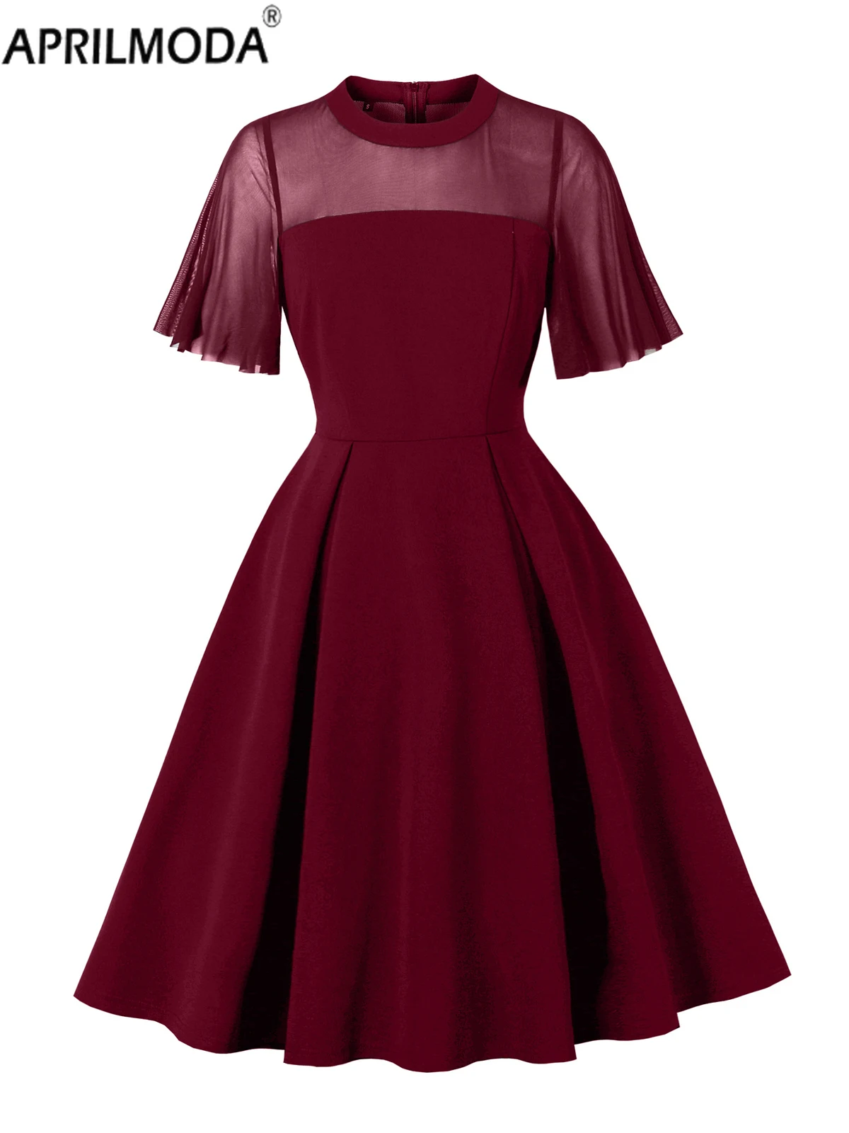 2025 Mesh Black Red Patchwork Elegant Sheer Midi Short Swing Dresses Birthday Prom Party Banquet Women Plain Vintage Swing Dress