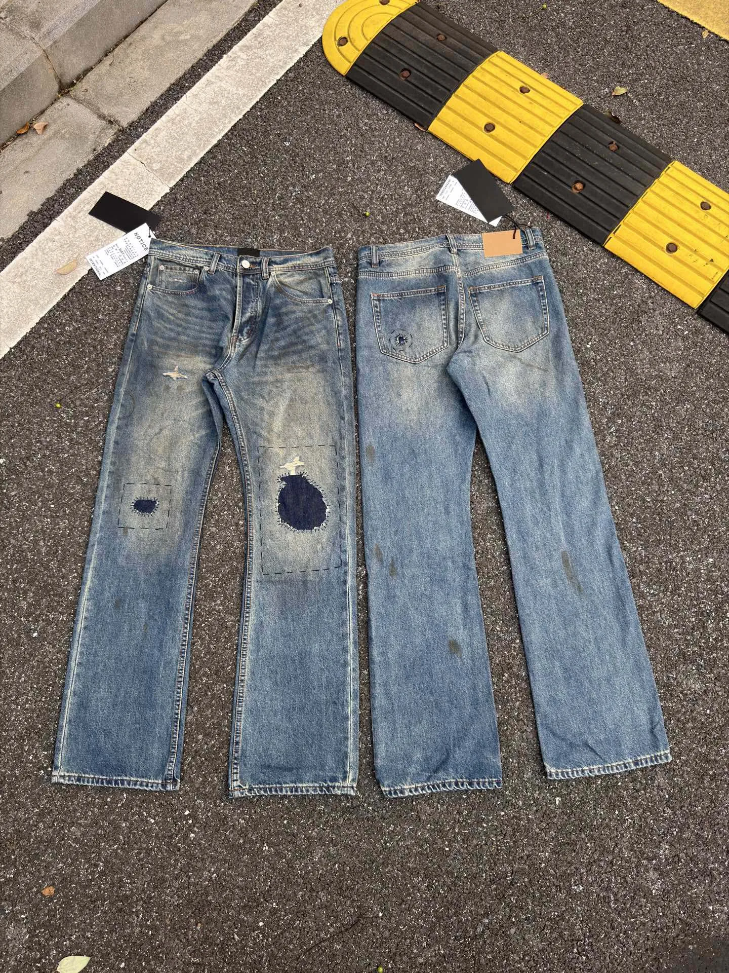 

23FW Khaki Canvas Micro-Flare Jeans Distressed Details & Pocket Embroidery Women Men Denim Jeans Pants Trousers