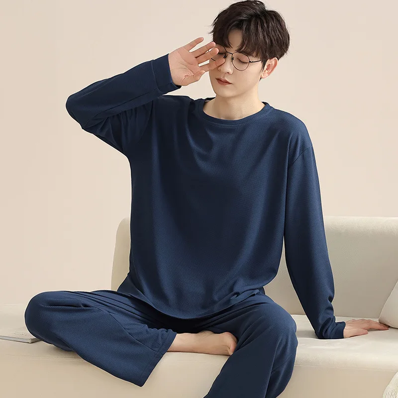 Autumn Pajamas Spring New Pants Two-piece Men's Cotton Youth Sleeved Long Home Clothing Set Korean Simple Pjs Pyjamas Hombre