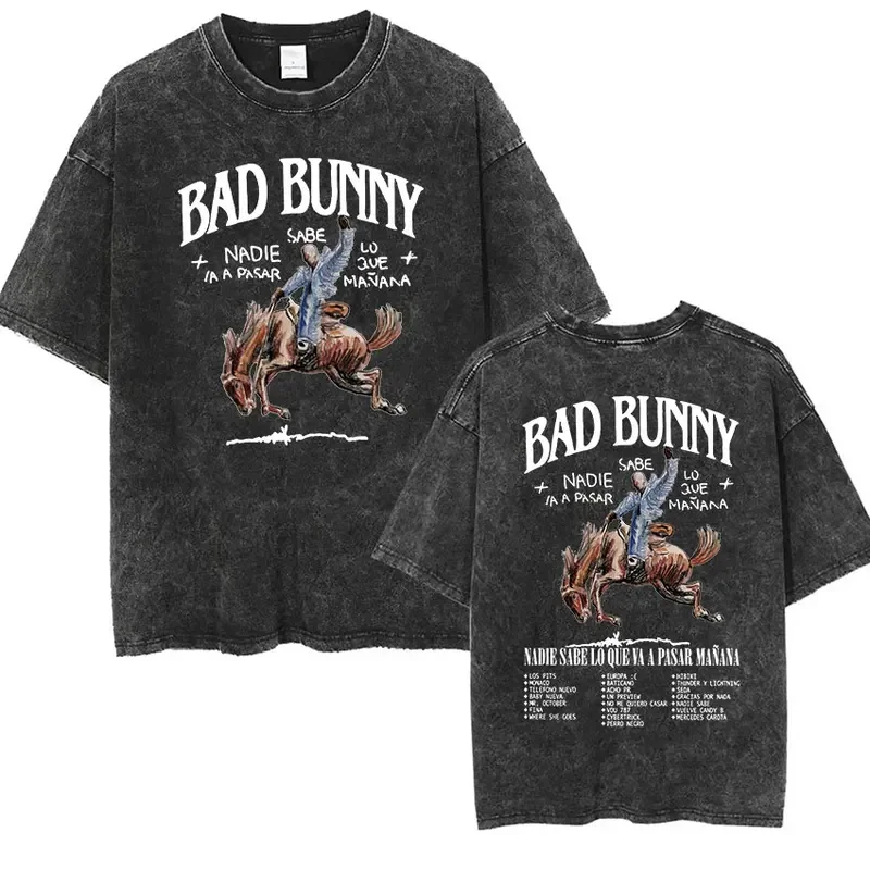 Bad Bunny Most Wanted Tour T Shirt Nobody Knows What's Going To Go Manana Vintage Washed T-shirt Men Women Hip Hop Fashion Overs