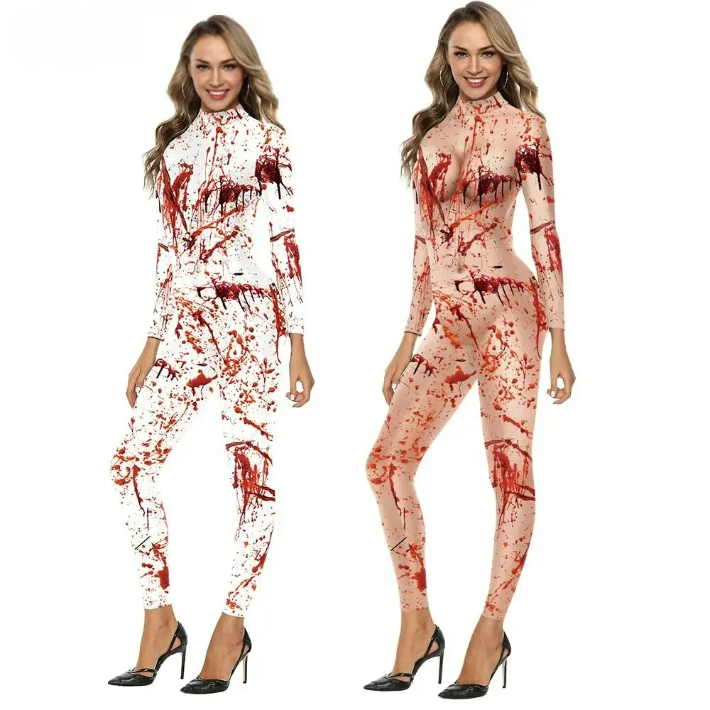 Bloody Halloween Women's Bodysuit Fashion Blood Stain 3D Printing Cosplay Costume Adult Tight Long Sleeve Bodysuit Party Costume