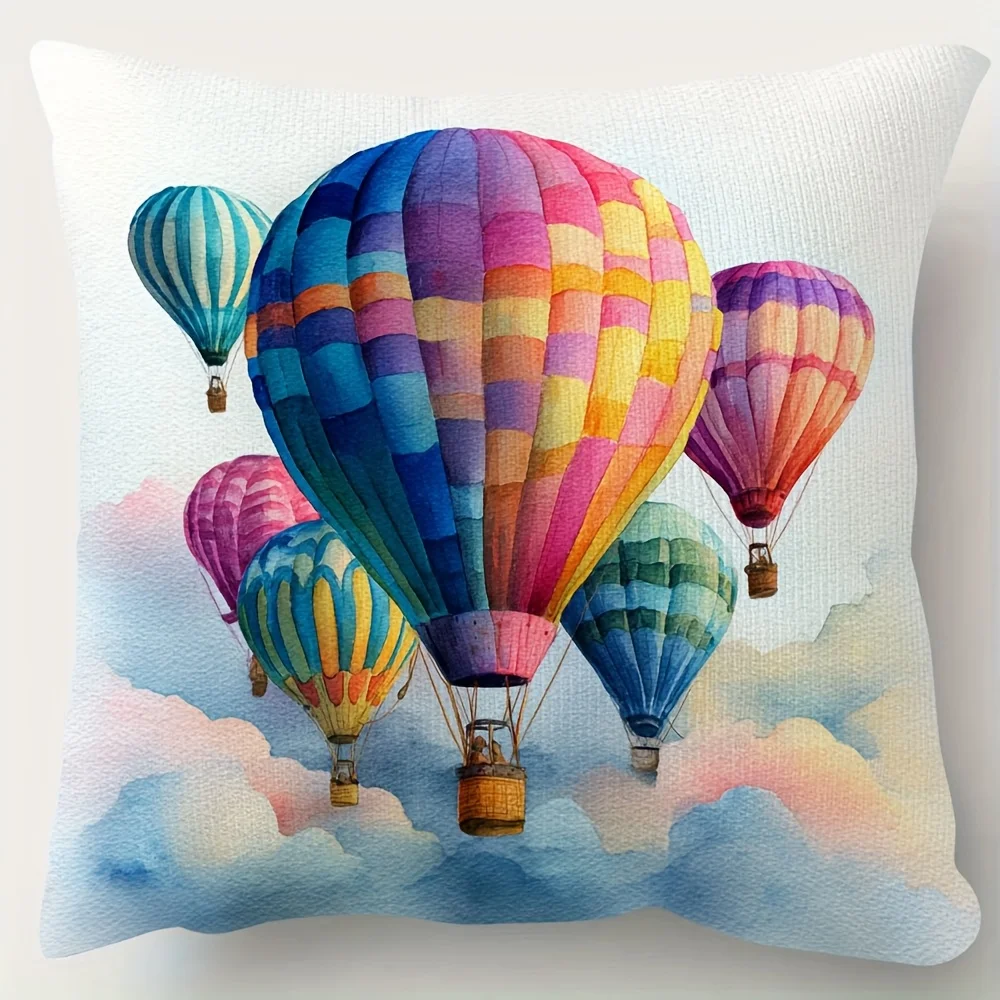 Vibrant Hot Air Balloon Picnic Scene Throw Pillow Cushion for Living Room Decor Art Print