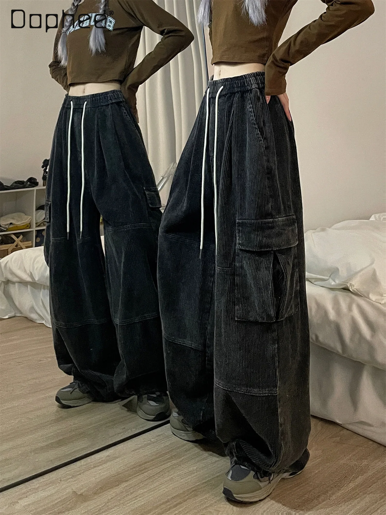 American Retro Purple Corduroy Overalls Fashion Pants Winter Loose Women Wide-Leg Thickened Washed Distressed Straight Trousers