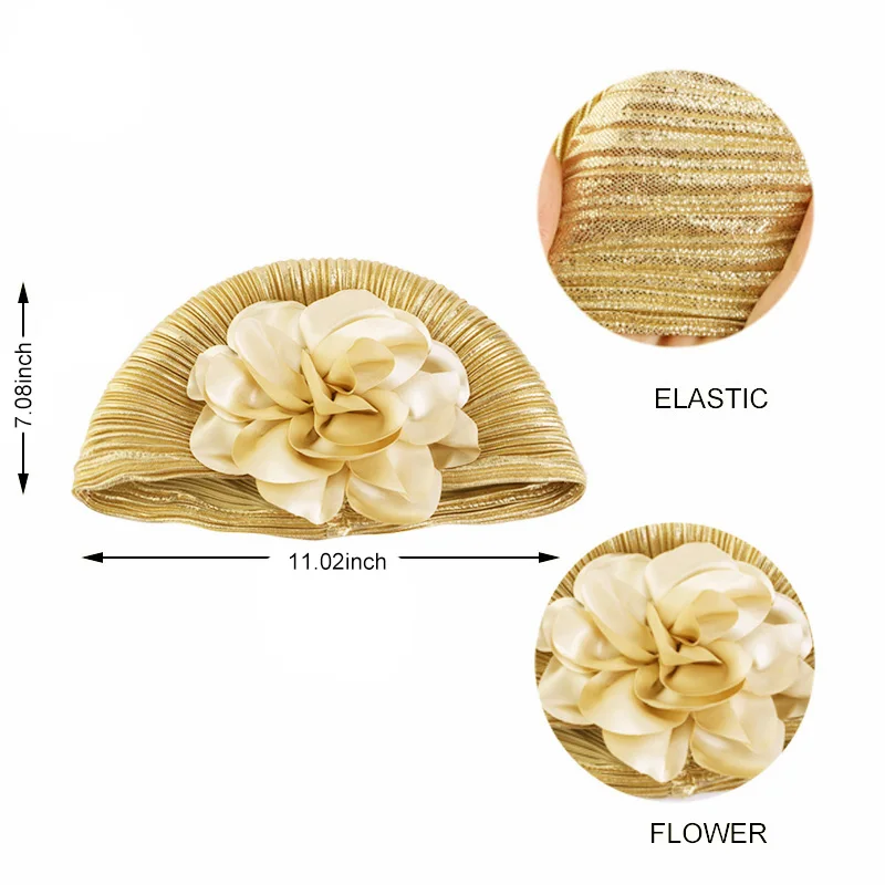 New Women Gold Silver Big Flower Turban Hijab Bonnet Muslim  Indian Hat Elastic Chemo Beanies Chemo Cap African Hat Headwear - view 2
