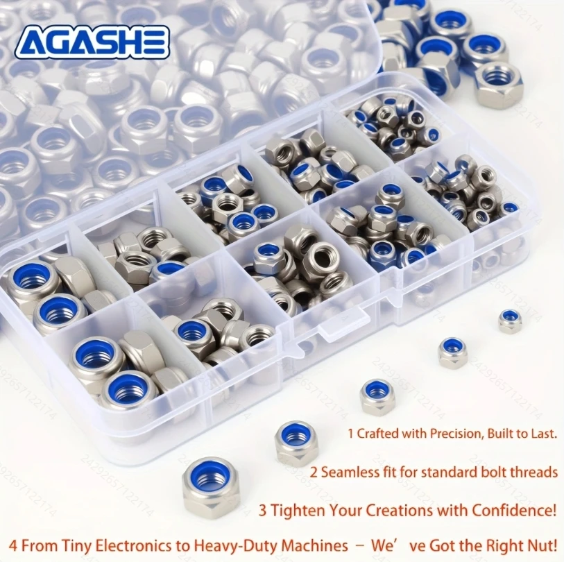 

230PCS Grade A stainless steel M3-M8 nut set with nylon anti-loosening parts, right-tooth anti-loosening design, transparent sto