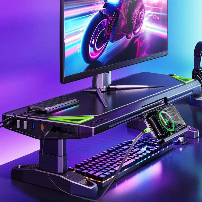 ‌Knob-Adjusted Monitor Riser, Ergonomic Dual USB Stand, Elevated Desktop Platform, Keyboard Storage Organizer Solution