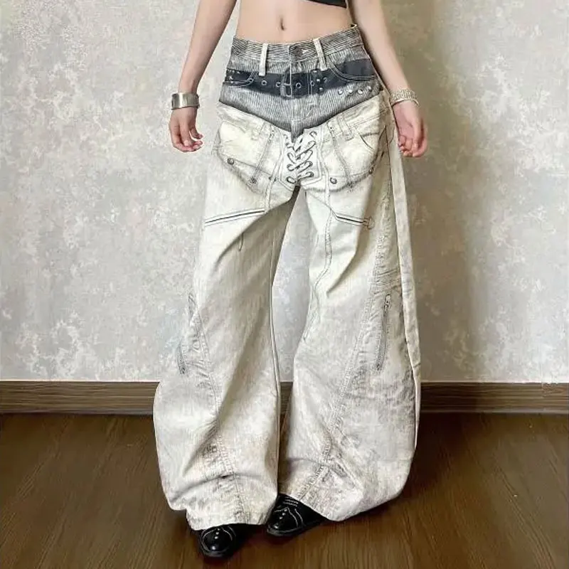 Fashion Two Tone Double Waistband Printed Jeans Summer Washed Loose Women Zipper Pocket Wide Leg Baggy Streetwear Denim Trousers