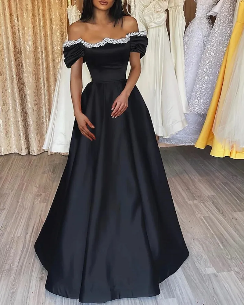 A-Line Gothic Black Evening Dress 2025 Off Shoulder Satin Long Pearls Formal Prom Gown Arabic Dubai Robe De Soiree