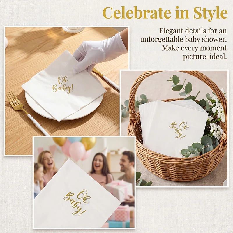 20Pcs Oh Baby Disposable Paper Napkins Suitable for Baby Shower, Parties, Birthdays, Gender Reveal Table Decoration Supplies - view 5