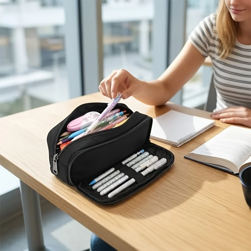 Pencil Case Large Capacity, 2 Compartment Zipper Pen Bag, Simple Stationery Storage for Office School, Lightweight