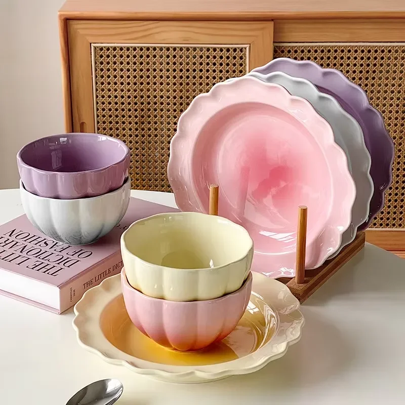 for Restaurant High Quality Kitchen Ceramic Tableware Gradual Change Pink Dessert Fruit Vegetable Plate with Bowl Set