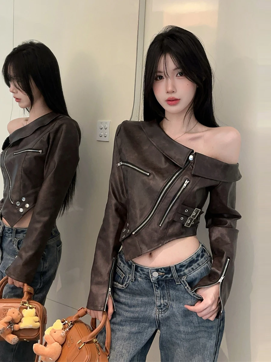 Sexy Short PU Leather Jacket Asymmetrical Shoulder Zipper Slim Fit Casual Outerwear for Young Women Cool Trendy Style