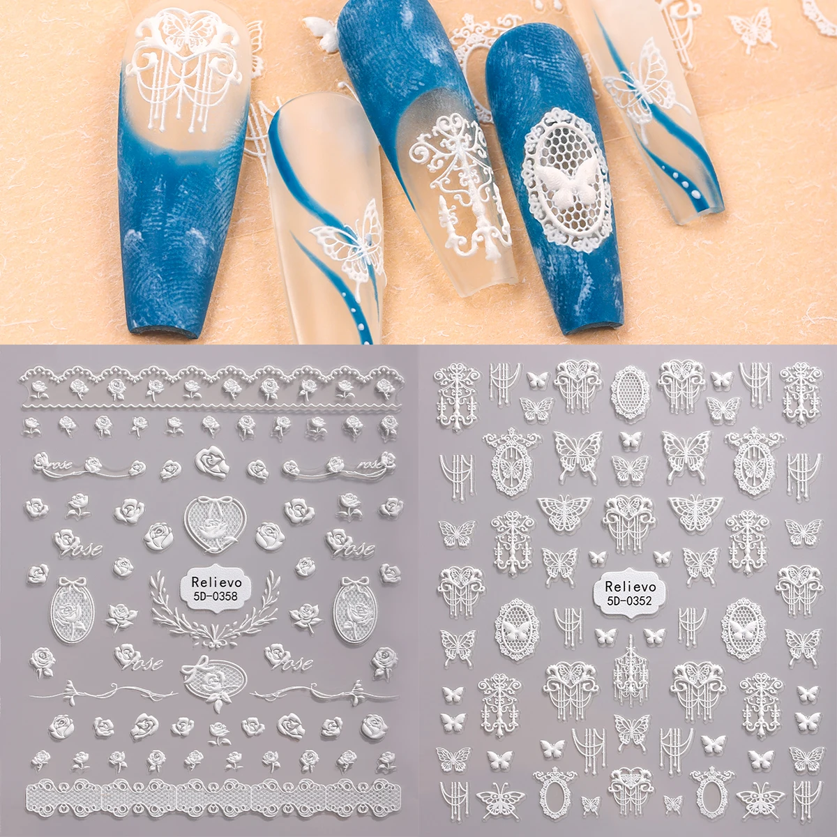 

2pcs 5D White Flowers Nail Art Stickers Elegant Lace Rose Butterfly Pearl Self-Adhesive Nail Decals for Nails DIY Manicure Decor