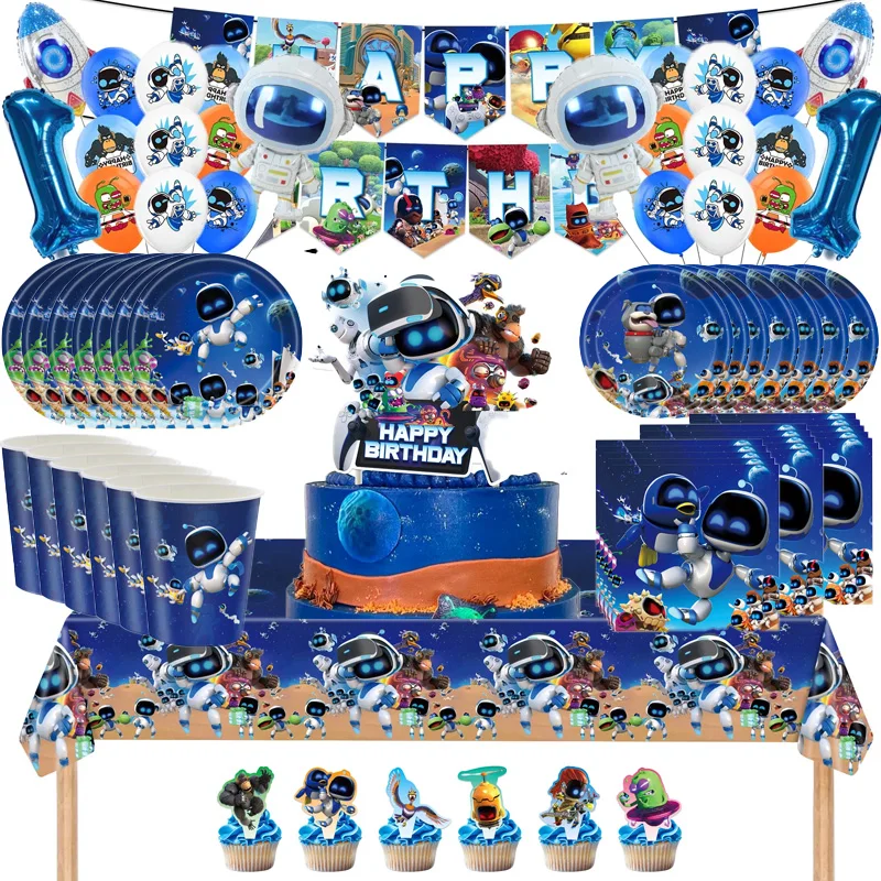 Suministros de cumpleaños con tema de Robot espacial, juego de vajilla, platos, decoración para tarta, pancarta, decoración de fiesta para Baby Shower, suministros de cumpleaños