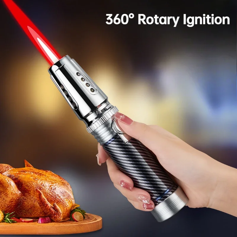 Metal Outdoor Windproof Butane Gas Lighter Turbine Red Flame Strong Fire Pistol Kitchen BBQ Baking Camping Tools Flamethrower