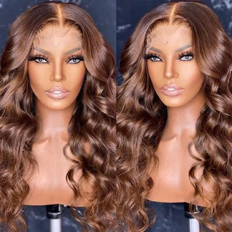 Body Wave Glueless Lace Front Wig para mulheres, marrom escuro, cabelo longo e macio do bebê, pré-arrancado, resistente ao calor, diariamente, 26 ", 180Density