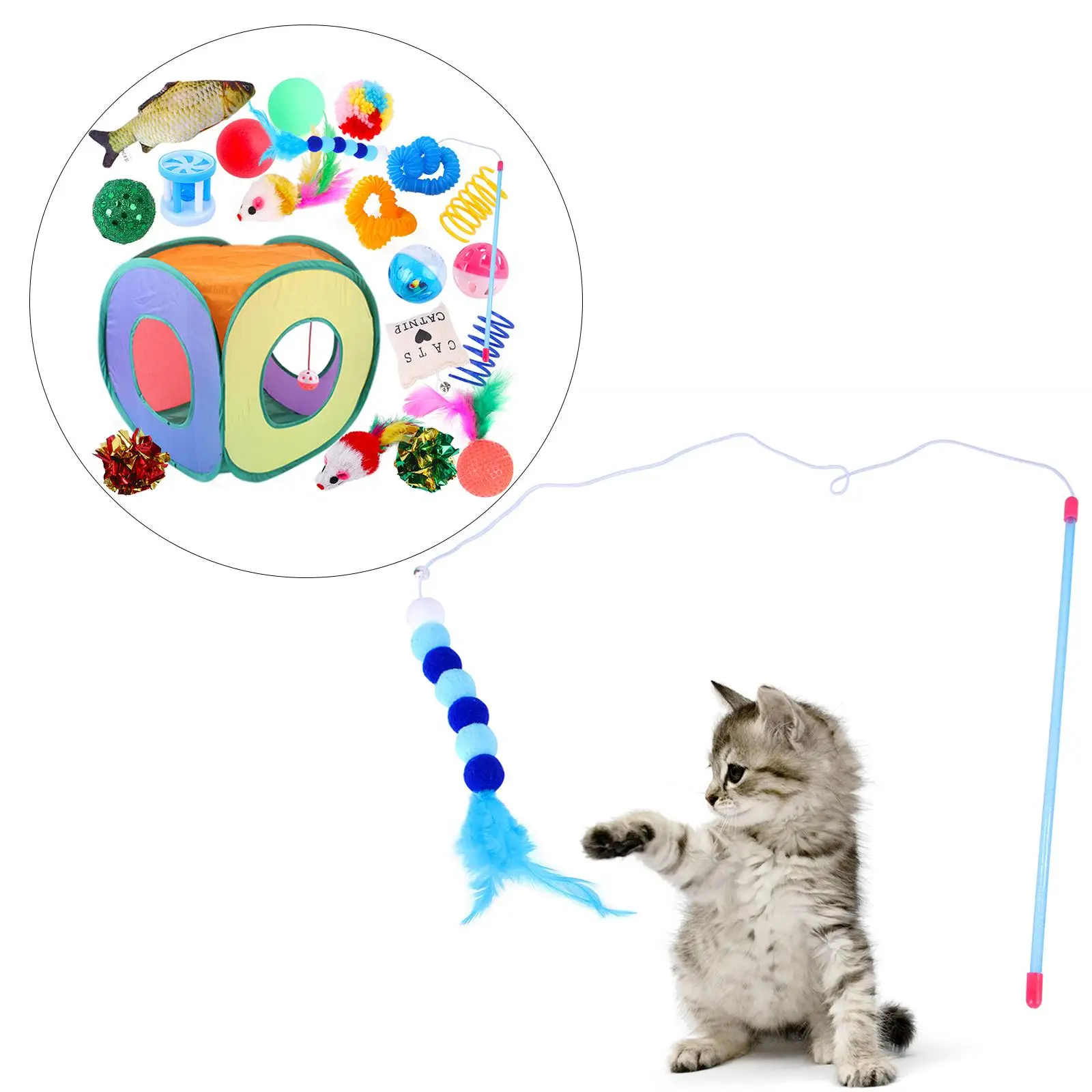 20 Pieces Portable Cat Toys Set Funny Bell Ball Collapsible Tent Catnip Fish for Kitten Guinea Pig Indoor Exercise