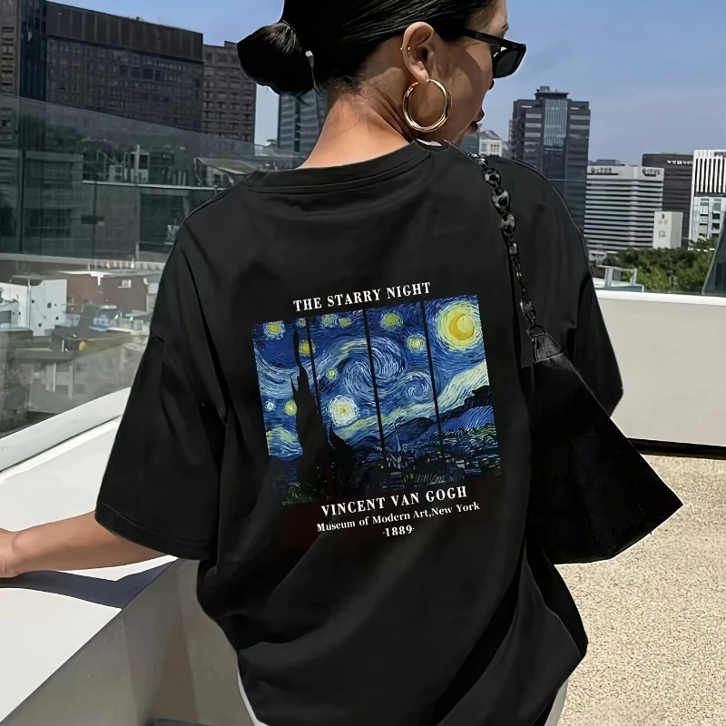 Starry Night Printed T-Shirt for Women Summer Casual Fashion Vintage Loose Streetwear Tops High Quality O-Neck Short Sleeve Tees