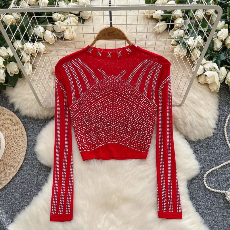 Hksh primavera outono novas mulheres camiseta curta o pescoço mangas compridas artesanato pesado cravejado diamantes pura sexy camiseta high-end topos hk16451