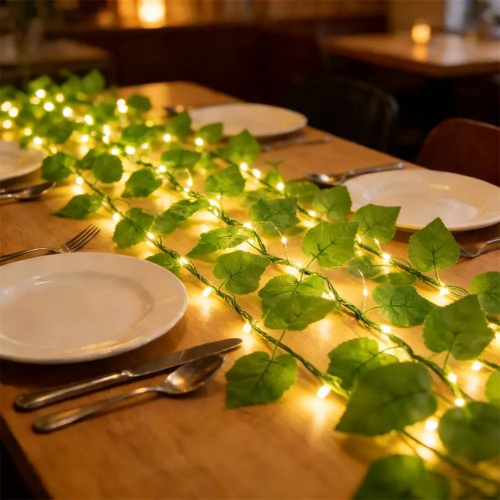 

Гирлянда-нить с искусственными цветами и зелеными листьями на батарейках для украшения свадеб, Рамадана, комнат, 2/5/10 м