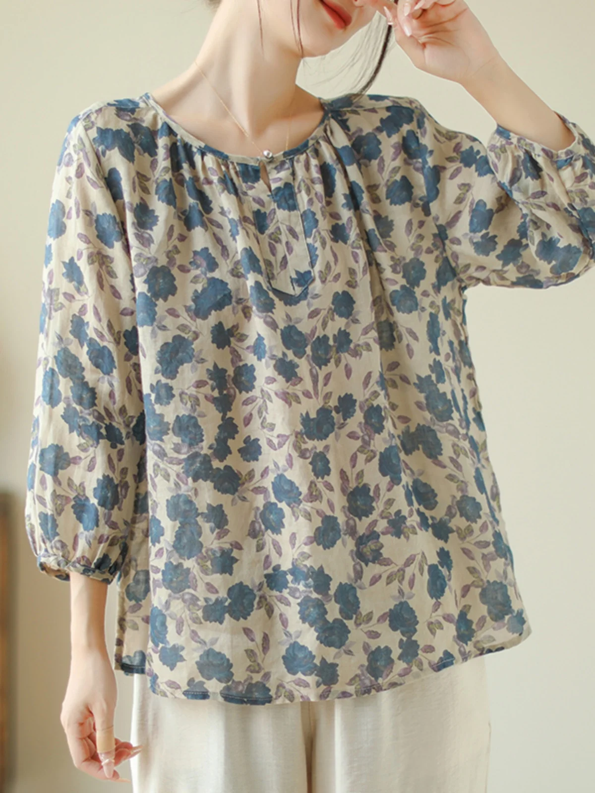 Retro Print Cotton Linen Women's Shirt Spring Autumn Loose Slim round Neck Doll Top Sweet Style Lantern Sleeve Regular Length