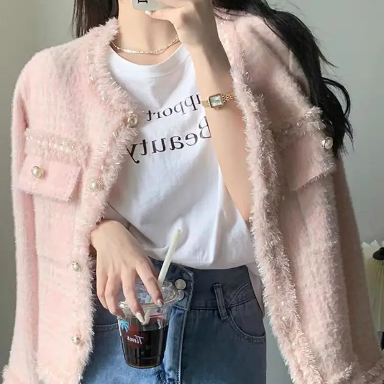 

2023 New Fashion Korean Chic Vintage Tweed Woolen Jacket Coat Women Autumn Single Breasted Plaid Tassel Office Lady Outwear