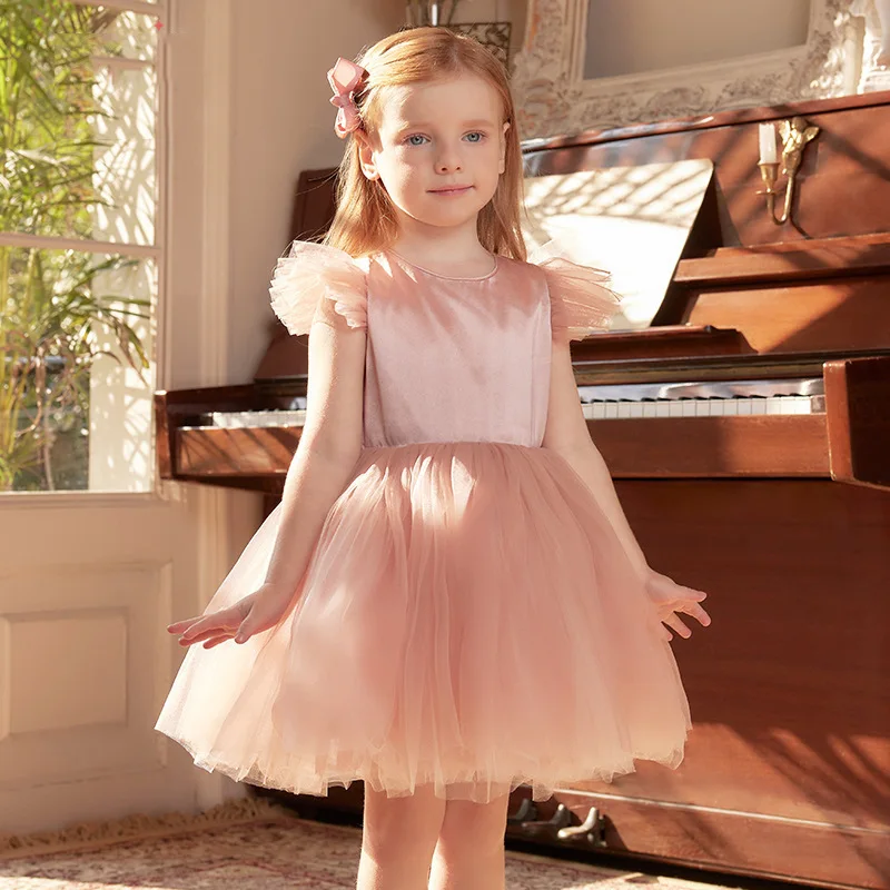 High End Girls Satin Birthday Party Dress Pink Princess Gown Fly Sleeve Toddler Baby Girl Formal Outfit White Elegant Dress