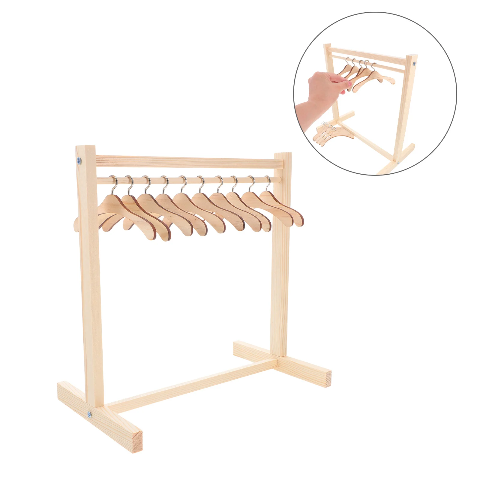 

1Set Wooden Clothes Rack Elegant Mini Hanger for Organizing Princess Dresses Dollhouse Accessories Displaying Baby Outfits