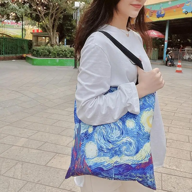 Aesthetic Tote Bag For Teen School Shoulder Bag Reusable Famous Painting Patterns Textbook Laptop Umbrella Shopping Bags