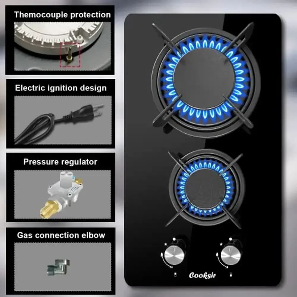 12" Gas Stove 2 Burners Dual Fuel LPG/NG Built-in Propane Cooktop Tempered Glass Top Safety Electric Ignition Kitchen Fixture