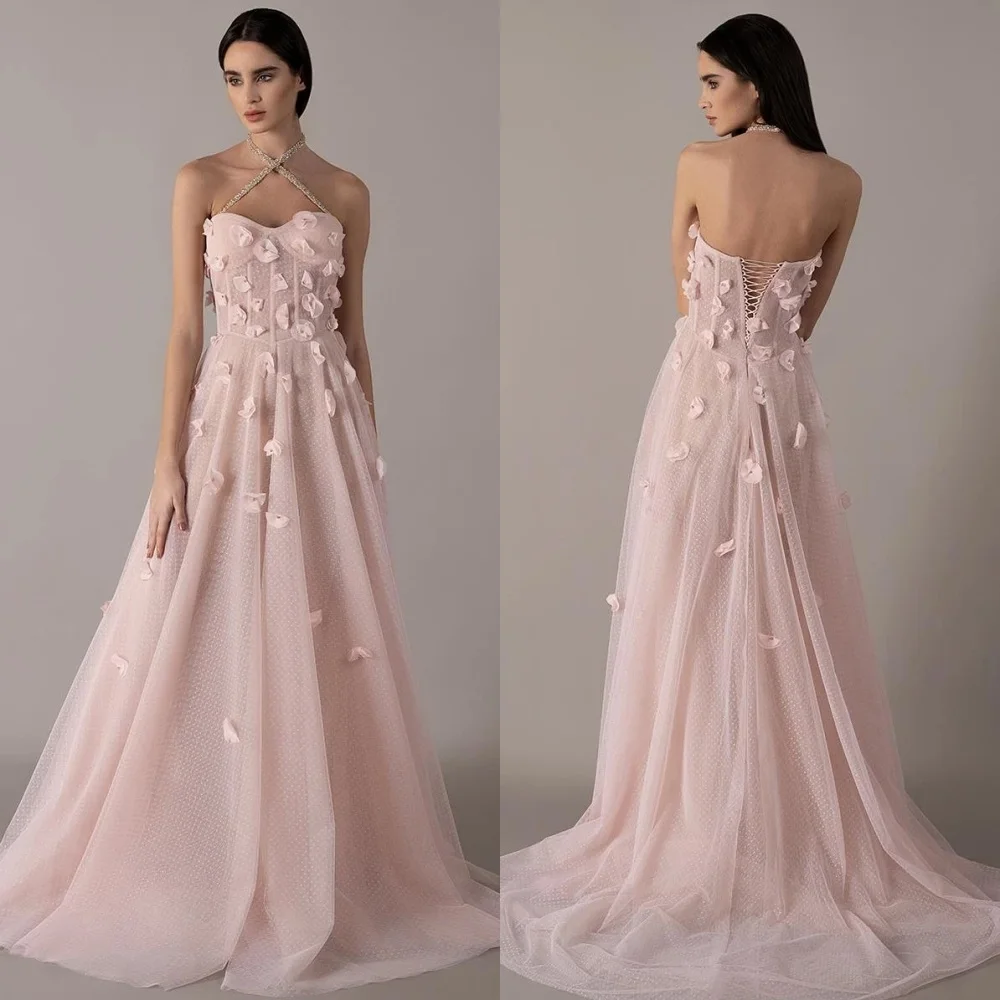 

Customized Fashion Intricate Tulle Handmade Flower Pleat Straight Halter Long Dresses Bespoke Occasion Dresses Matching Elegant
