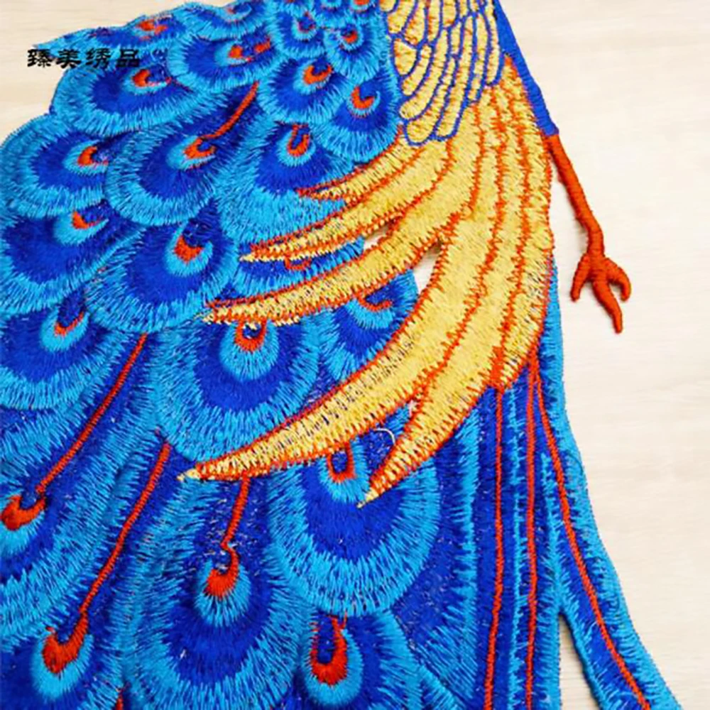 1Pc Large Peacock Feather Embroidery Patches for Clothing Fabric Applique African Lace Sew on Dress Clothes Accessory Diy
