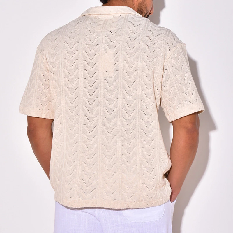 Camisa de punto transpirable para hombre, Tops abotonados de manga corta con solapa, estilo playero, tejido de ganchillo Jacquard Vintage