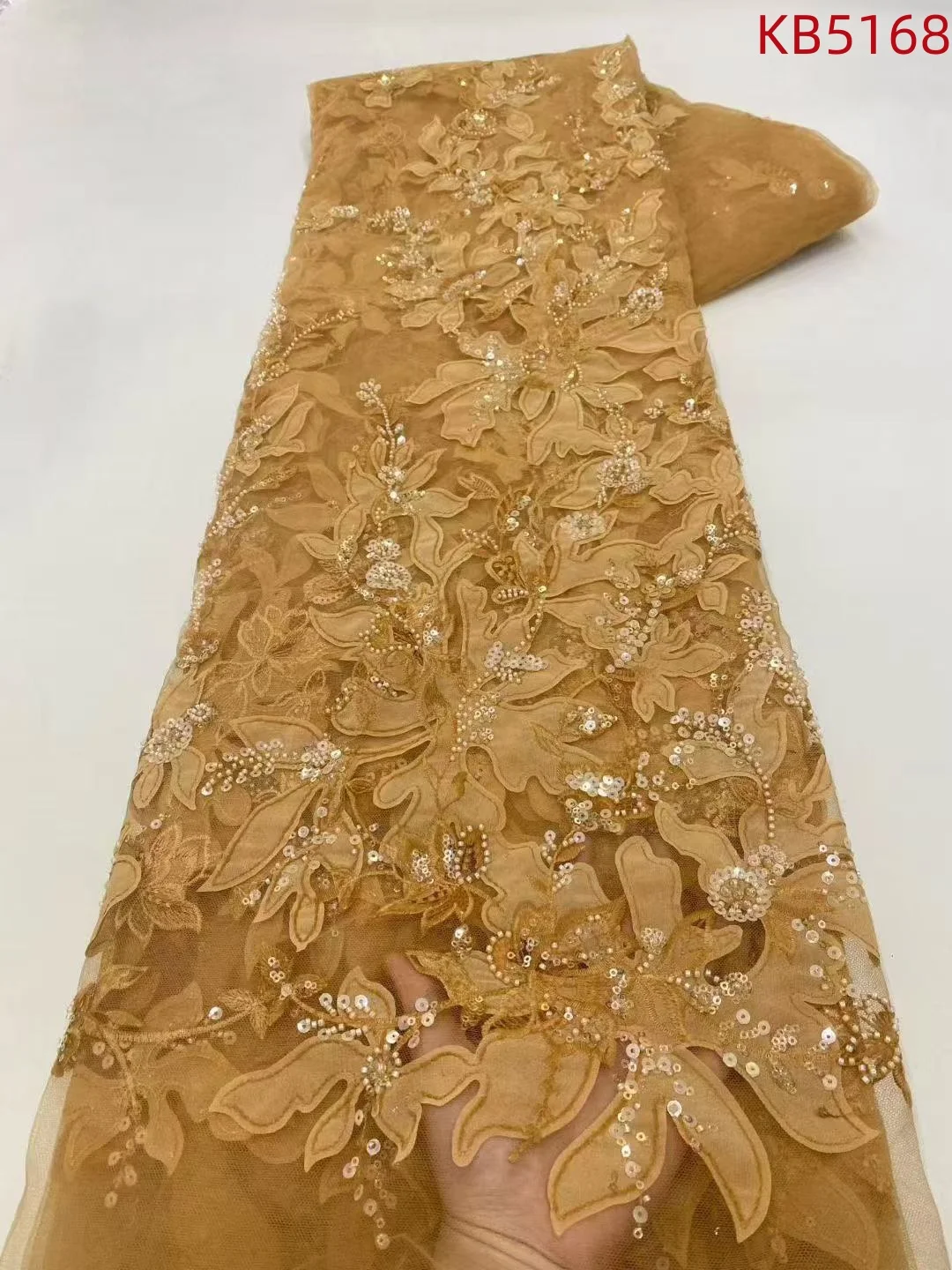 

Нигерийская кружевная ткань с пайетками 2026: Роскошное африканское кружево с бисером и тюлем, 5 ярдов для пошива платьев KB5168