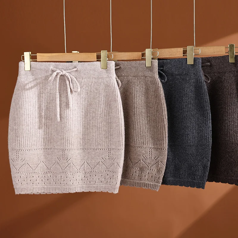Women 100% Merino Wool Knit Mini Skirt Drawstring Elastic Waist Hollow Leaf Jacquard Solid Soft Warm Autumn Winter Daily Outfit