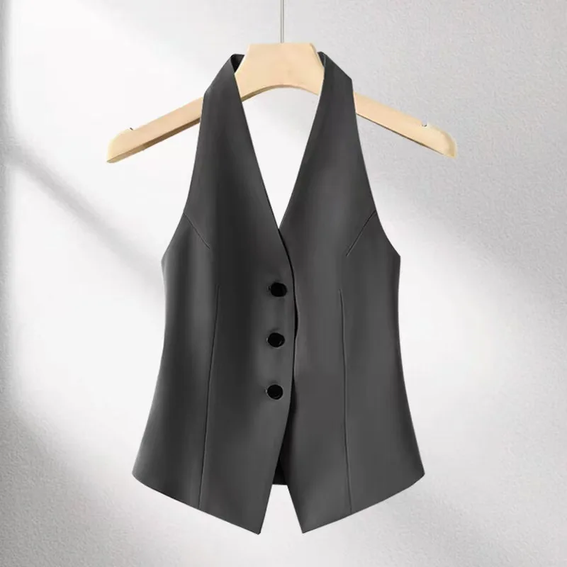 Gray Neckline  Vest Women's Style Spring Summer New Design Slim Fit Backless Elegant Short Length Commute Fashion
