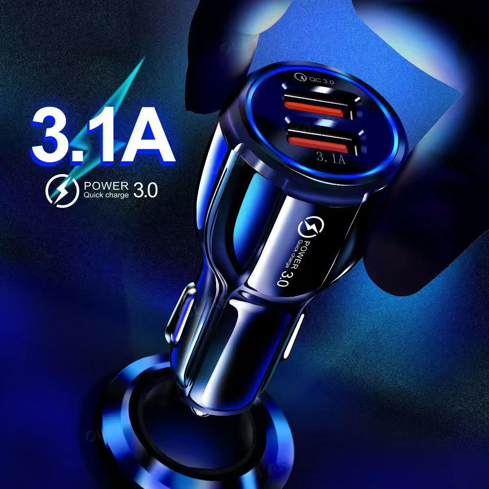 High Quality Dual USB Car Charger 2 Port 12-24V Cigarette Lighter Socket QC3.0 Fast Charge Adapter for Phone IPhone Samsung