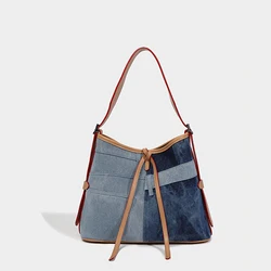 Lazy Style Denim Splicing Tote Bag for Women 2024 New Large Capacity Commuter Canvas Bag Fashionable Shoulder Crossbody Bag