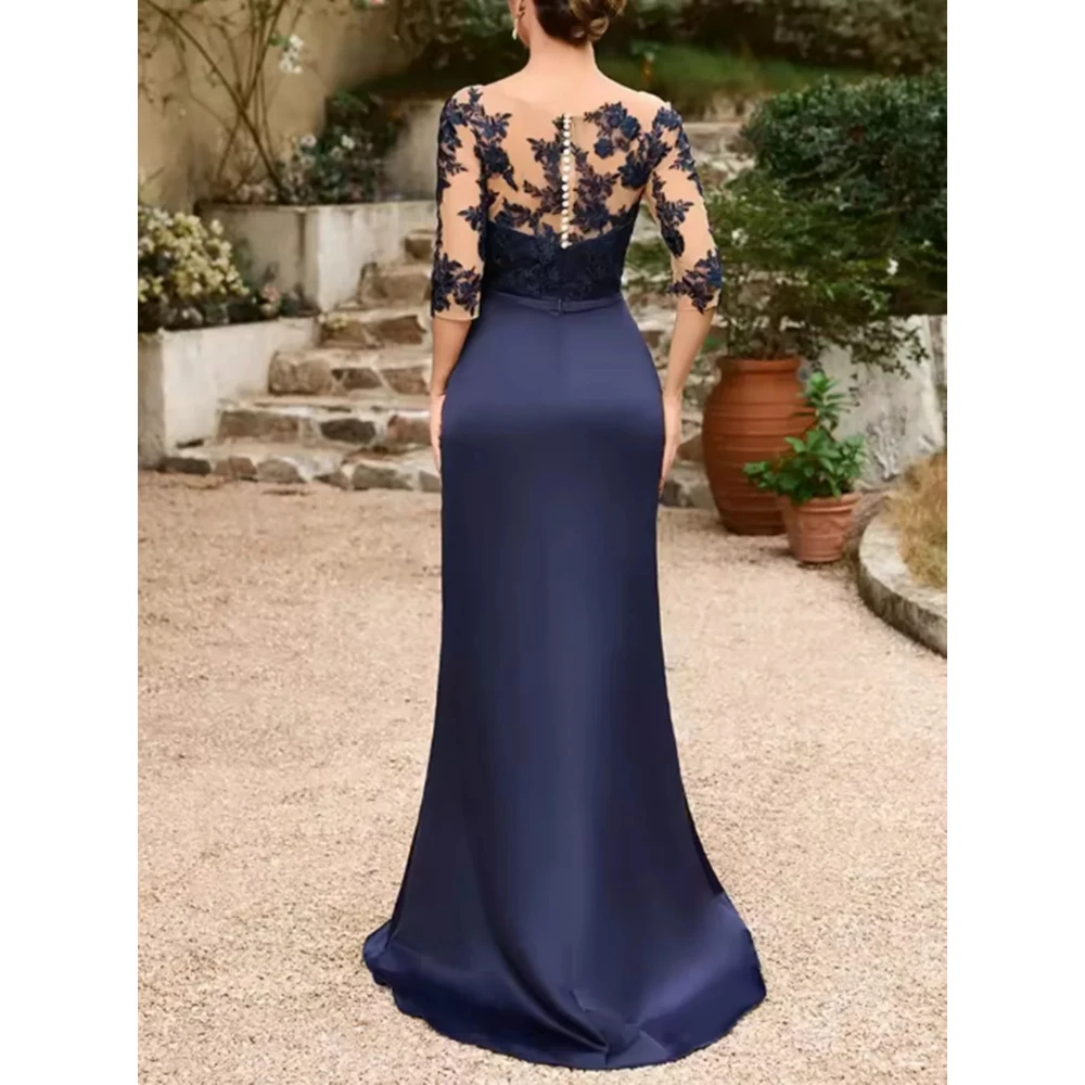 Navy Mother of The Bride Dress Illusion Neck Appliqued Half Sleeves Mermaid Evening Gowns  Satin Robe De Soiree Customized