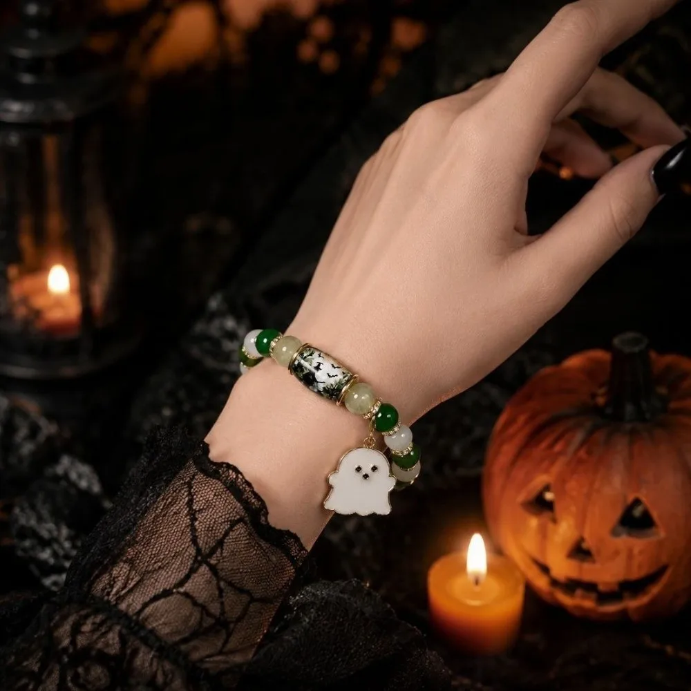 Elastic Halloween Crystal Bracelet Spooky Ghost with Pendant Ancient Castle Pumpkin Bracelet Colorful Beads Bat Charm Bracelet