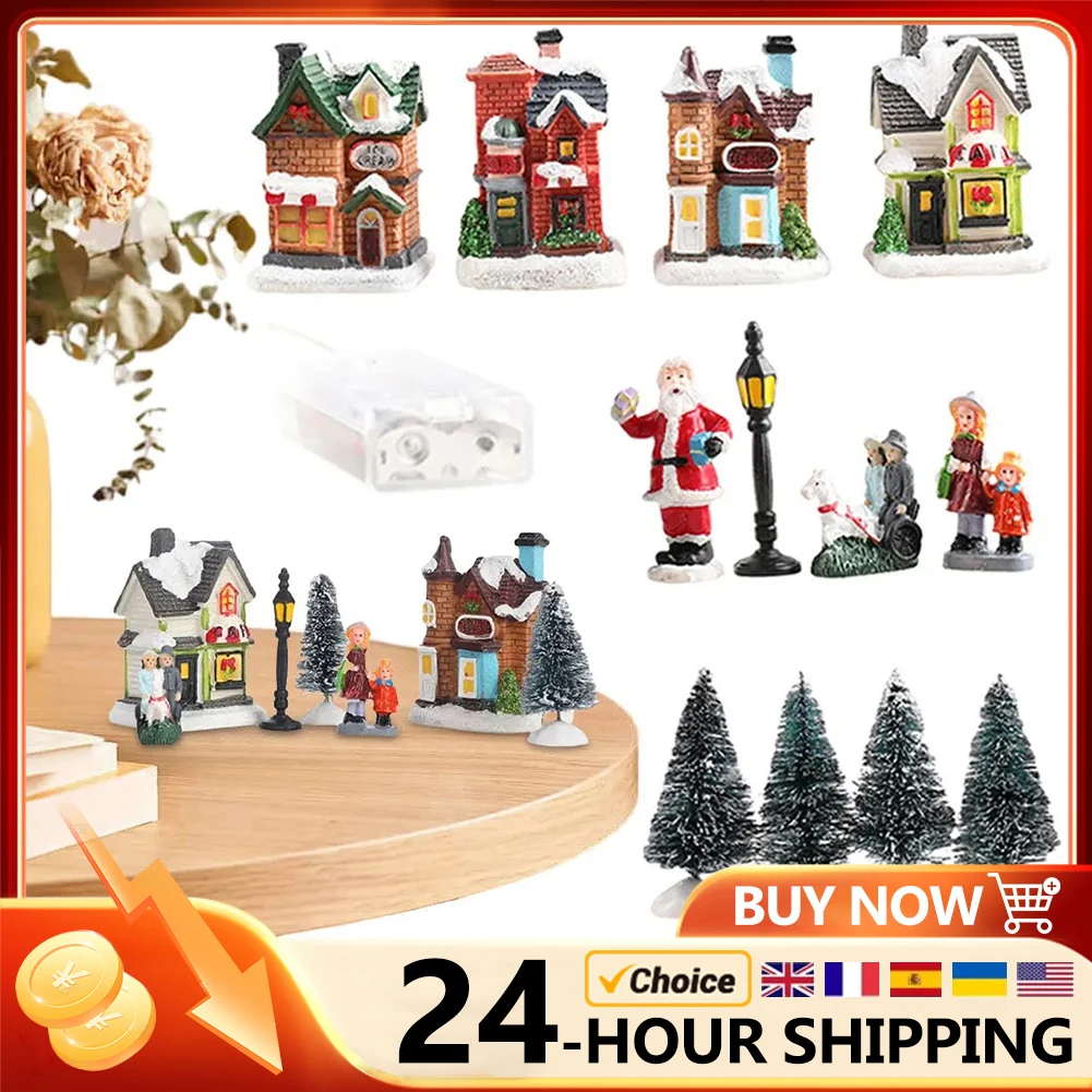 12 Pcs Mini Resin Christmas Town Set Battery Operated Lighted LED Christmas Miniature Ornament Christmas Trees Christmas Village