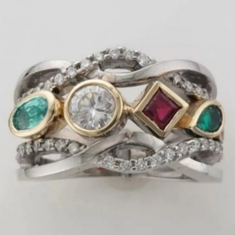 

Винтажное двухцветное кольцо для женщин с инкрустацией белыми, красными и зелеными фианитами, геометрическое, ажурное, для повседневной носки и вечеринок