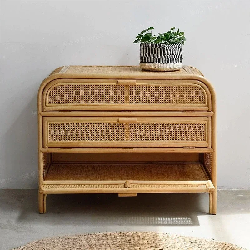 Rattan bucket cabinet simple homestay storage cabinet, living room side cabinet household real rattan three-bucket cabinetSh