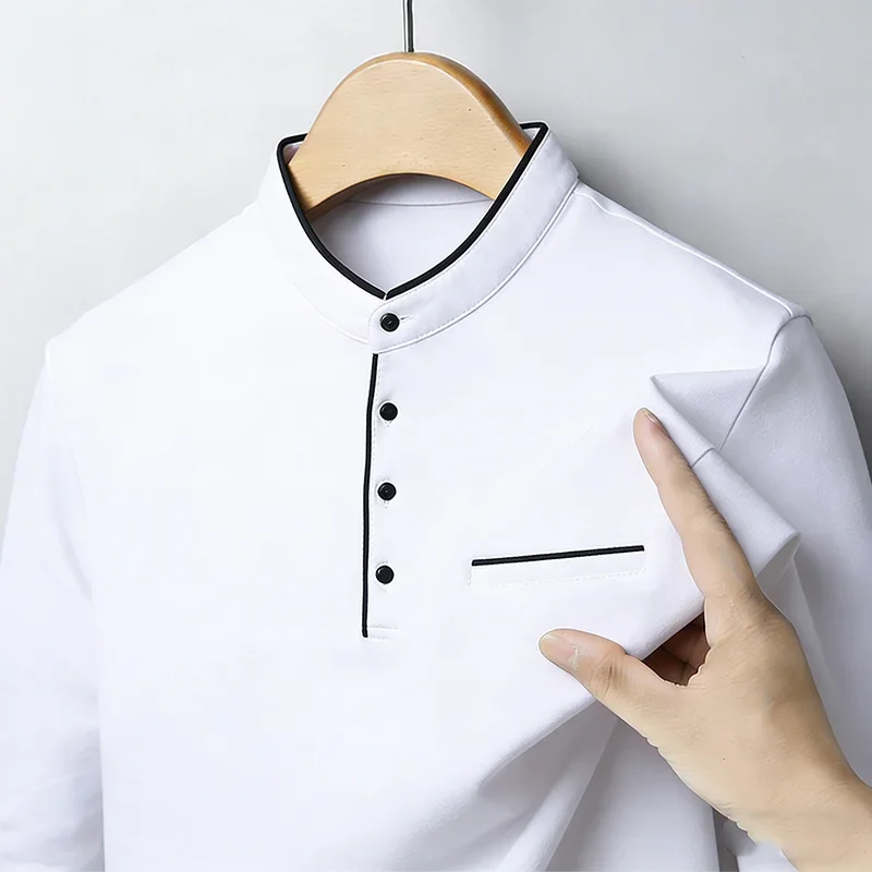 Camicia da Uomo con Collo alla Coreana, Maniche Lunghe, Vestibilità Regolare, Casual, Morbida, Traspirante, Alla Moda, Trendy, per Uso Quotidiano e Business