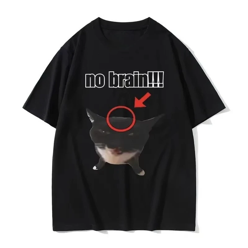 Funny Cat No Brain Graphic Print T-Shirt Women Cute Kawaii Meme Joke Humor Casual Tee Short Sleeve Summer Aesthetic Top Clothing