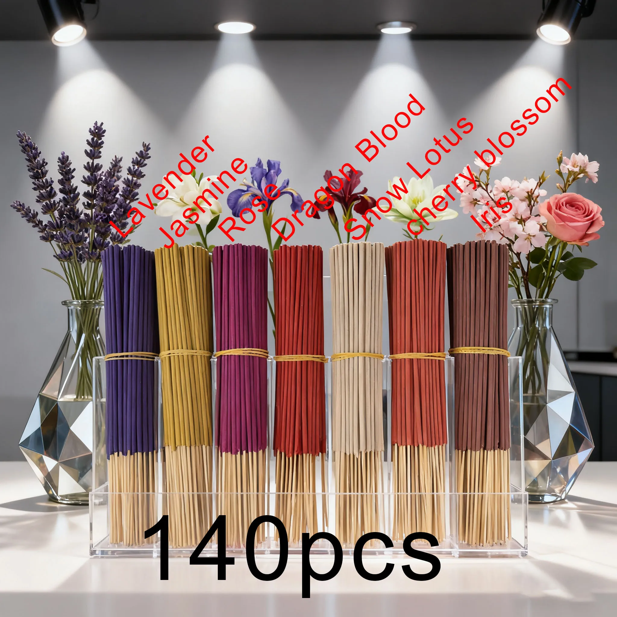 7 Sets mit je 140 Räucherstäbchen, Erhältlich in vier Saison-Sets: Rose, Lavendel, Sandelholz, Jasmin, Minze, Kirschblüten, Kräuter und Drachenblut-Holz, mit je 20 Stäbchen pro Packung, Geeignet für