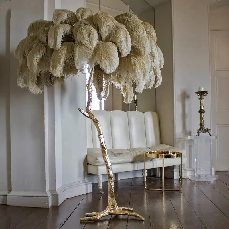 Modern Nordic luxury tree branch indoor stand lamp resin copper ostrich feather LED floor lamp